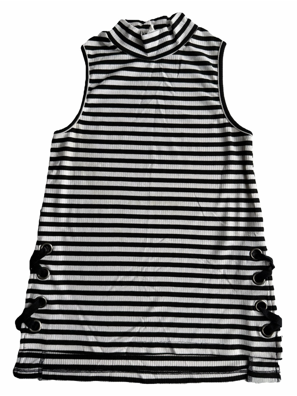 Sleeveless Striped Mock Neck Tee - Black/White